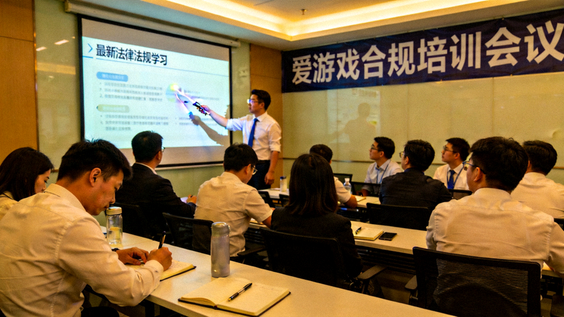 爱游戏合规培训会议现场 - 员工正在学习最新法律法规