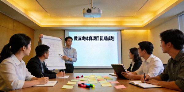 爱游戏体育项目初期团队在会议室进行头脑风暴讨论