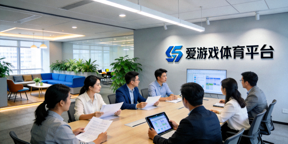 爱游戏体育平台现代化开放式办公环境，团队成员正在协作讨论