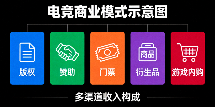 电竞商业模式示意图 - 展示版权、赞助、门票、衍生品、游戏内购等多渠道收入构成