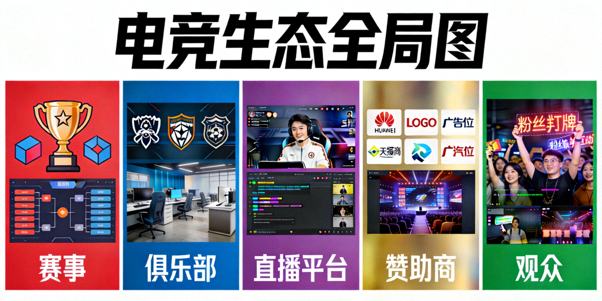 电竞生态全局图 - 展示赛事、俱乐部、直播平台、赞助商、观众构成的完整生态体系