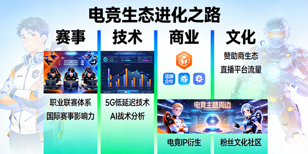 电竞生态进化之路主题图 - 展示赛事、技术、商业、文化等多维度融合