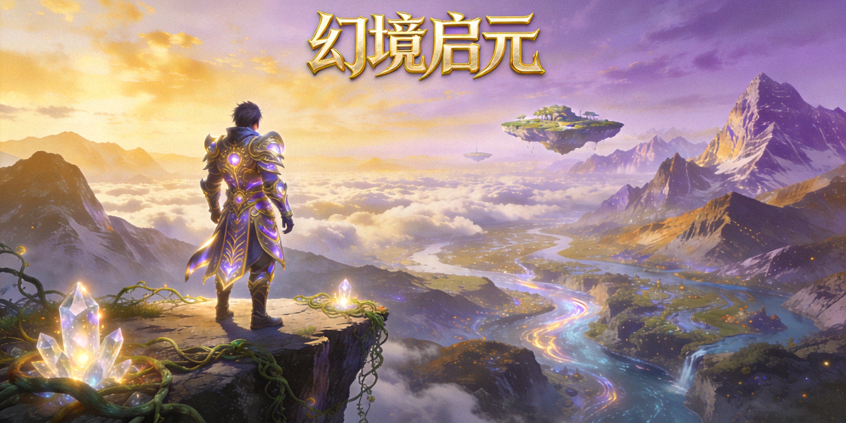 《幻境启元》游戏主视觉图 - 角色站在奇幻世界的悬崖边眺望广阔山河