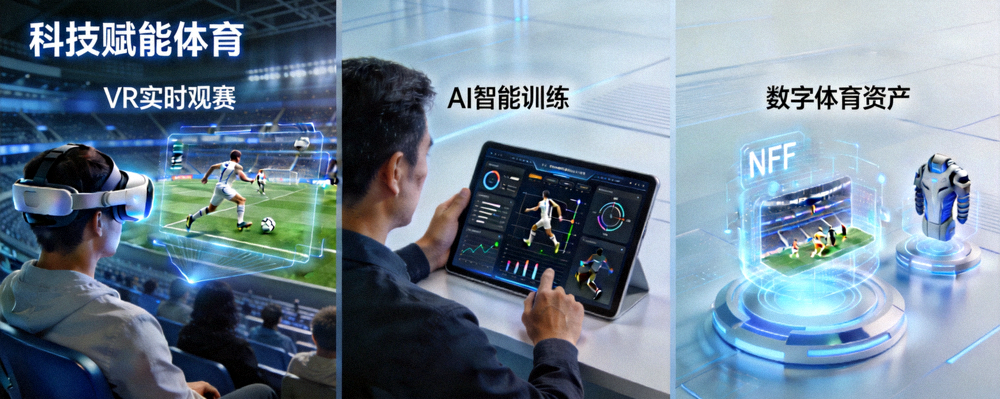 科技赋能体育场景图 - VR观赛、AI训练界面、数字资产展示