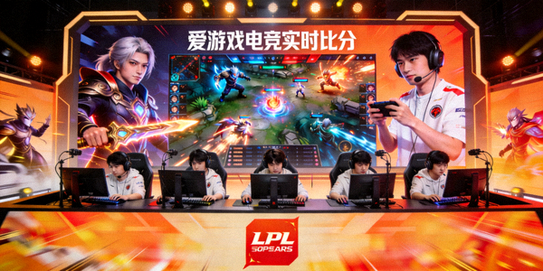 LPL春季赛现场大屏幕显示爱游戏电竞实时比分，选手激烈对战